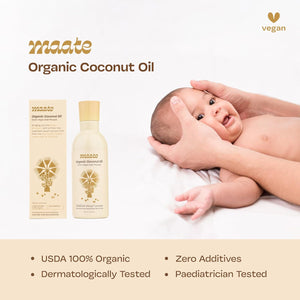Maate Baby Organic Coconut Oil (200 ml) | Extra Virgin Cold Pressed | Made With Pollachi Dwarf Coconut | for Baby Body Massage & Hair Care | Baby Hair Oil 0-12 Years | Nourishes & Moisturise - Coconut Oil