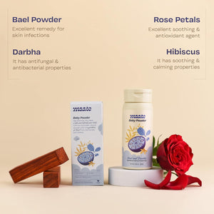Maate Talc Free Natural & Ayurvedic Baby Powder | Soothes and Keeps Your Baby's Skin Calm | Enriched with Bael Fruit, Red Sandal and Darbha | 100% Natural, Non-Irritant and Safe (100 gm) - Baby Powder