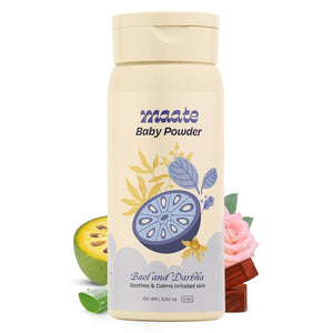 Maate Talc Free Natural & Ayurvedic Baby Powder | Soothes and Keeps Your Baby's Skin Calm | Enriched with Bael Fruit, Red Sandal and Darbha | 100% Natural, Non-Irritant and Safe (100 gm) - Baby Powder