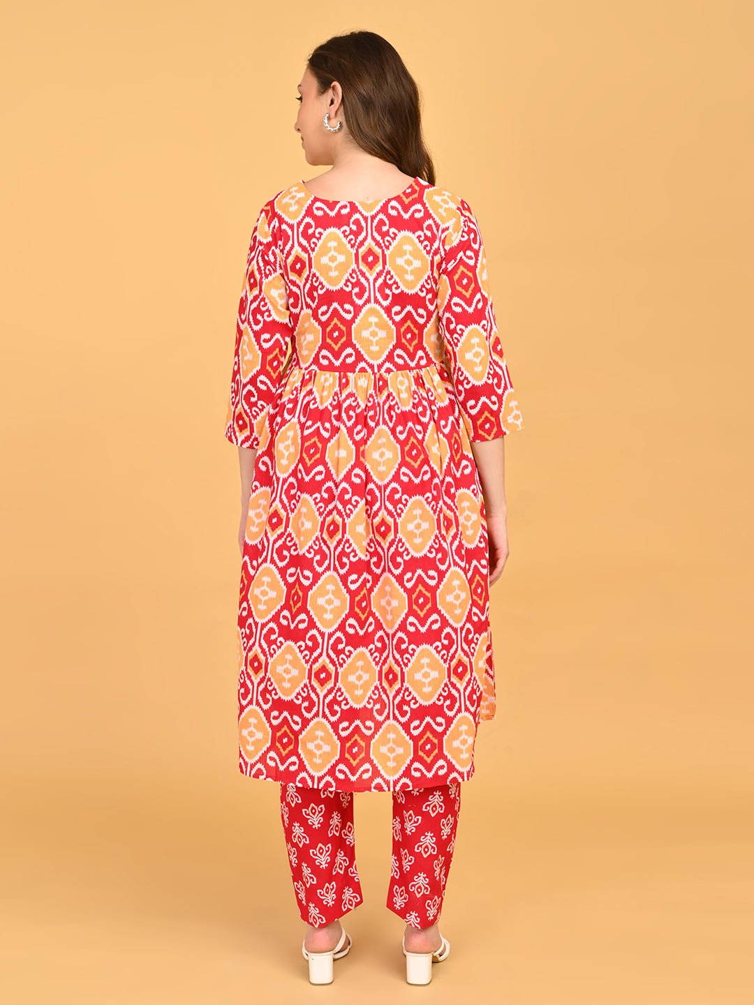 Back view of Magenta Atelier Maternity and Nursing Kurta Set showing gathered waist and relaxed maternity fit.