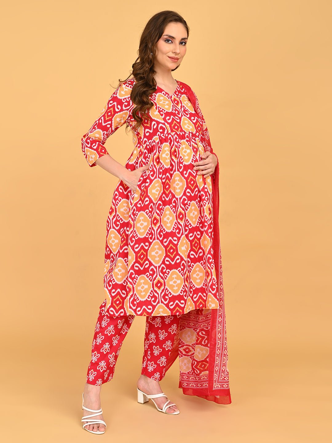 Magenta Atelier Maternity and Nursing Kurta Set With Dupatta featuring three-quarter sleeves and comfortable A-line silhouette.
