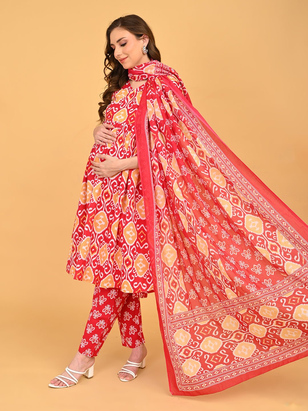 Magenta Atelier Maternity and Nursing Kurta Set With Dupatta styled in side profile showing bump-friendly silhouette and printed dupatta.
