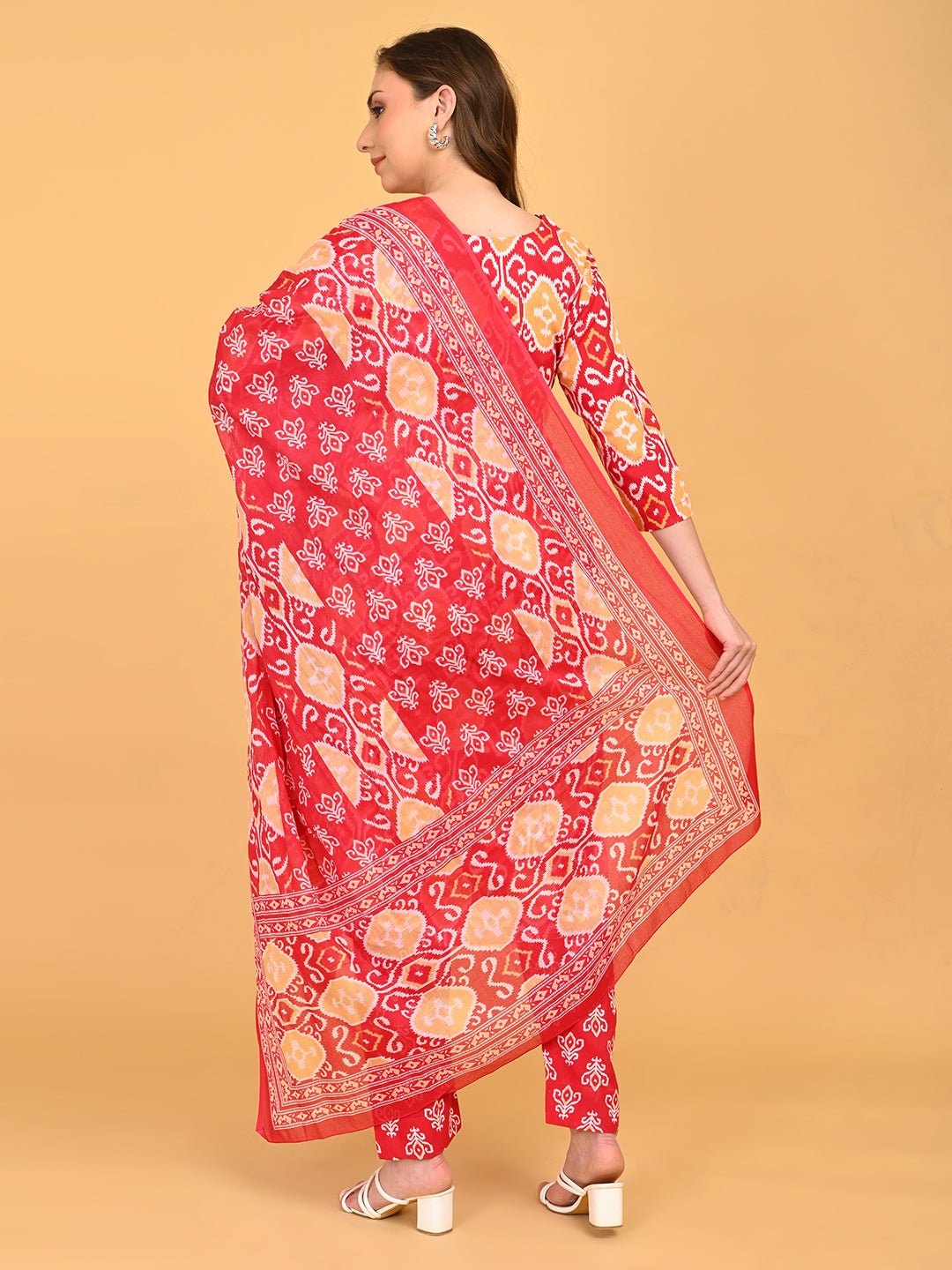 Back view of Magenta Atelier Maternity and Nursing Kurta Set With Dupatta showing gathered waist and relaxed maternity fit.