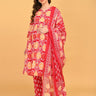 Model wearing Magenta Atelier Maternity and Nursing Kurta Set With Dupatta featuring red and mustard ikat print with matching dupatta.