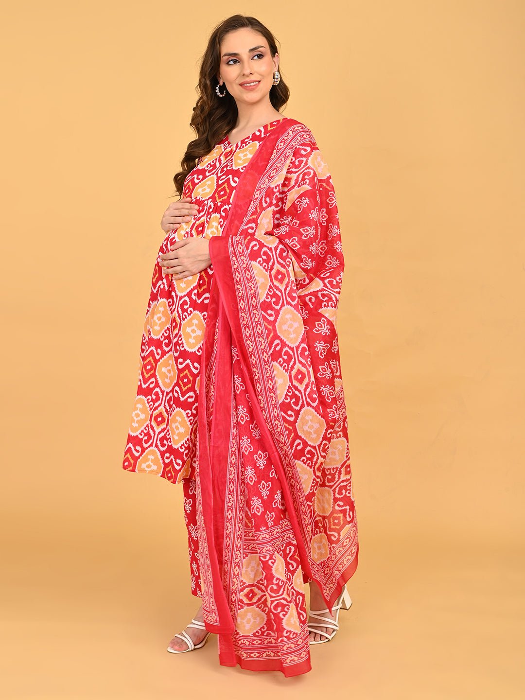 Magenta Atelier Maternity and Nursing Kurta Set With Dupatta featuring three-quarter sleeves and comfortable A-line silhouette.
