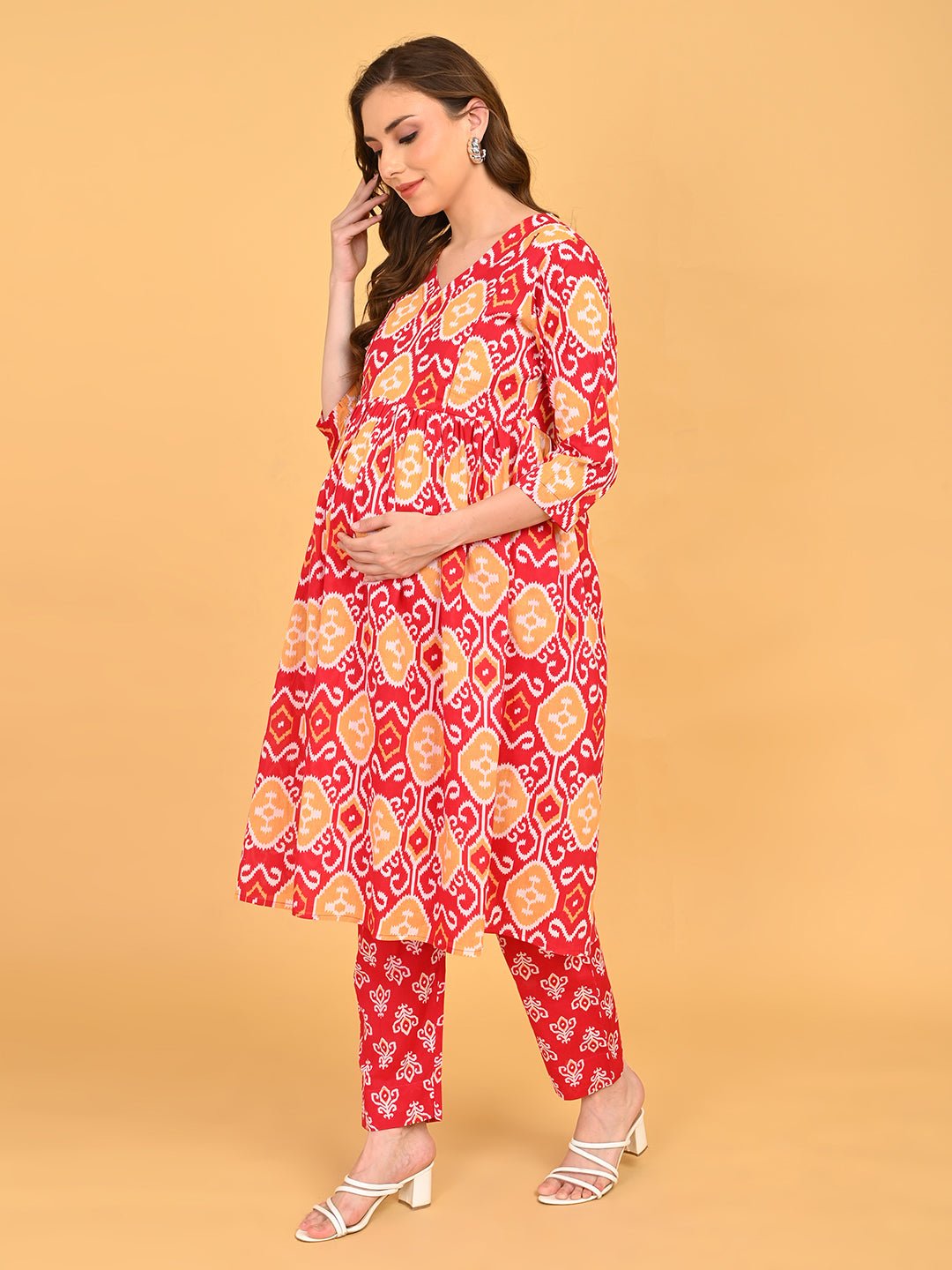 Magenta Atelier Maternity and Nursing Kurta Set featuring three-quarter sleeves and comfortable A-line silhouette.