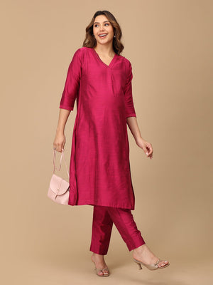 Magenta Haze Embroidered Maternity Silk Kurta Set with Nursing - MEW - MGNMS - S