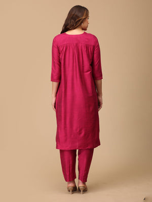 Magenta Haze Embroidered Maternity Silk Kurta Set with Nursing - MEW - MGNMS - S