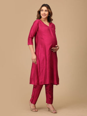 Magenta Haze Embroidered Maternity Silk Kurta Set with Nursing - MEW - MGNMS - S