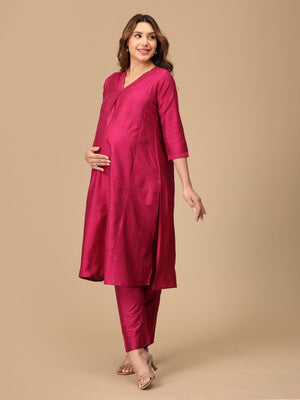 Magenta Haze Embroidered Maternity Silk Kurta Set with Nursing - MEW - MGNMS - S
