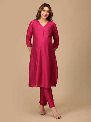 Magenta Haze Embroidered Maternity Silk Kurta Set with Nursing - MEW - MGNMS - S