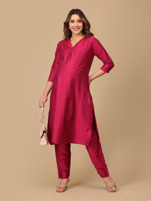 Magenta Haze Embroidered Maternity Silk Kurta Set with Nursing - MEW - MGNMS - S