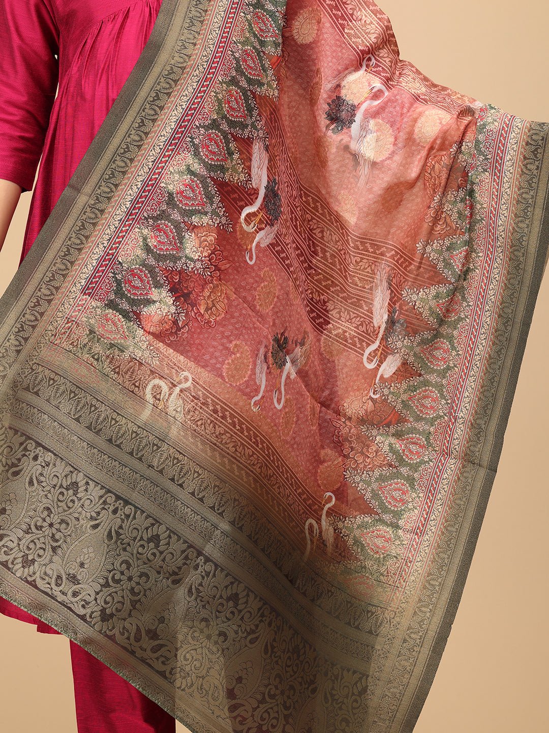 Close-up of intricately printed dupatta paired with The Mom Store magenta maternity silk kurta.