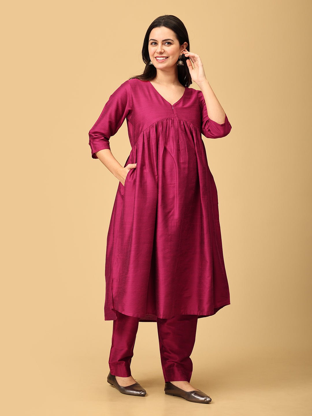 Magentastic Maternity And Nursing Silk Kurta Set With Dupatta - S Maternity Ethnic Set