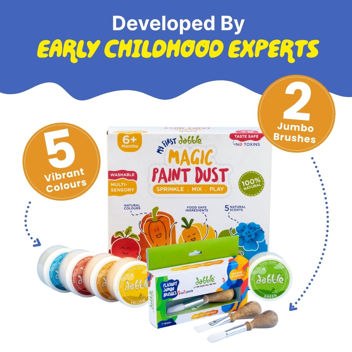 Dabble Playart Magic Paint Dust + Jumbo Brush Combo Kit – Baby’s First Painting Kit