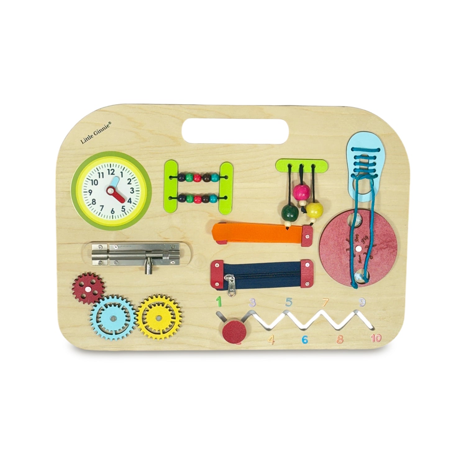 Little Ginnie Wooden Busy Board for Toddlers | 10-in-1 Wooden Educational Toy with Clock, Zipper, Gear, Puzzle
