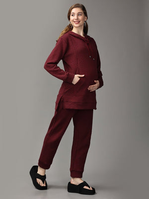 Majesty’s Red Quilted Maternity And Nursing Hoodie Pajama Loungewear Set - MWW-SD-MQHP-S