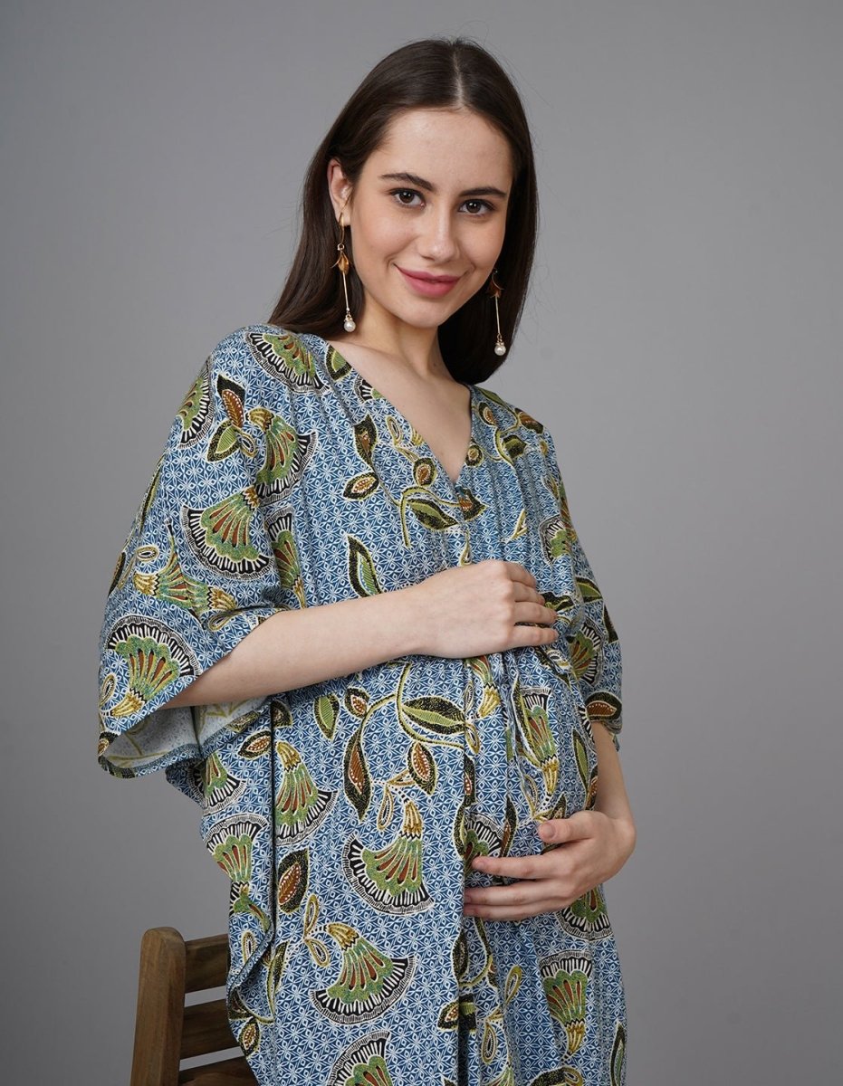 Mandala Blue Maternity and Nursing Kaftan Midi Dress - NW-BLMNT-S