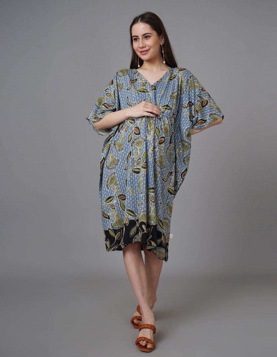 Mandala Blue Maternity and Nursing Kaftan Midi Dress - NW-BLMNT-S