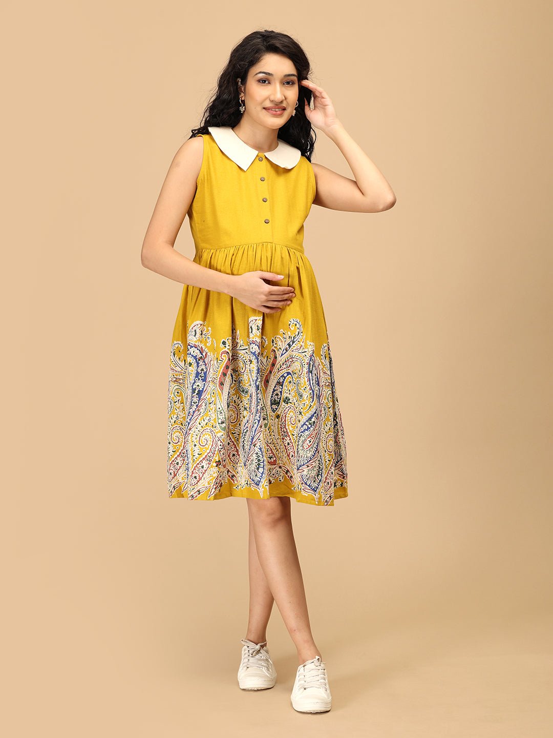 Front view of The Mom Store marigold maternity and nursing dress with sleeveless design.