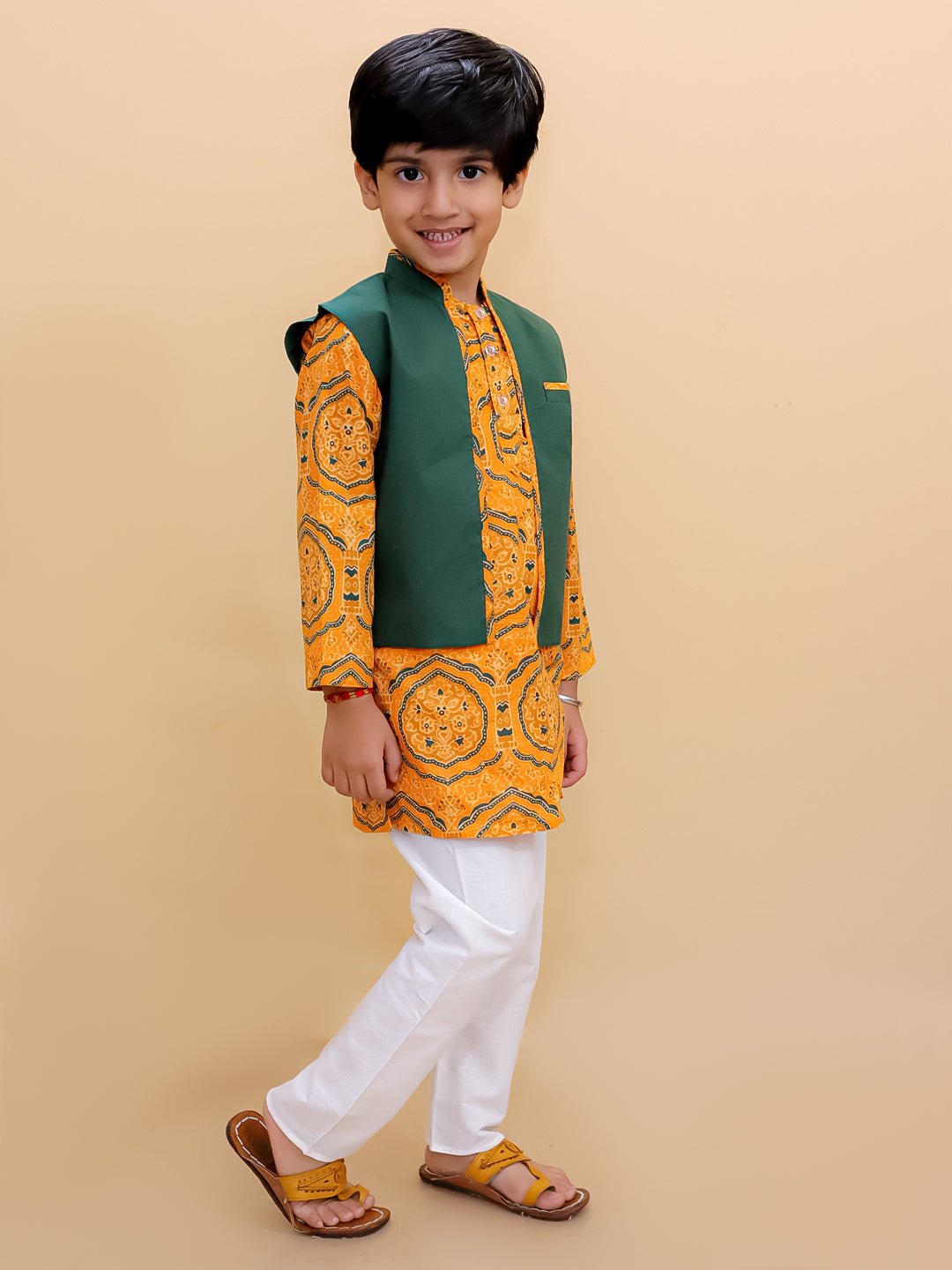 Marigold Mosaic Boys Floral Print Jacket And Kurta Pajama Set - KES - SC - MRIM - 0 - 6