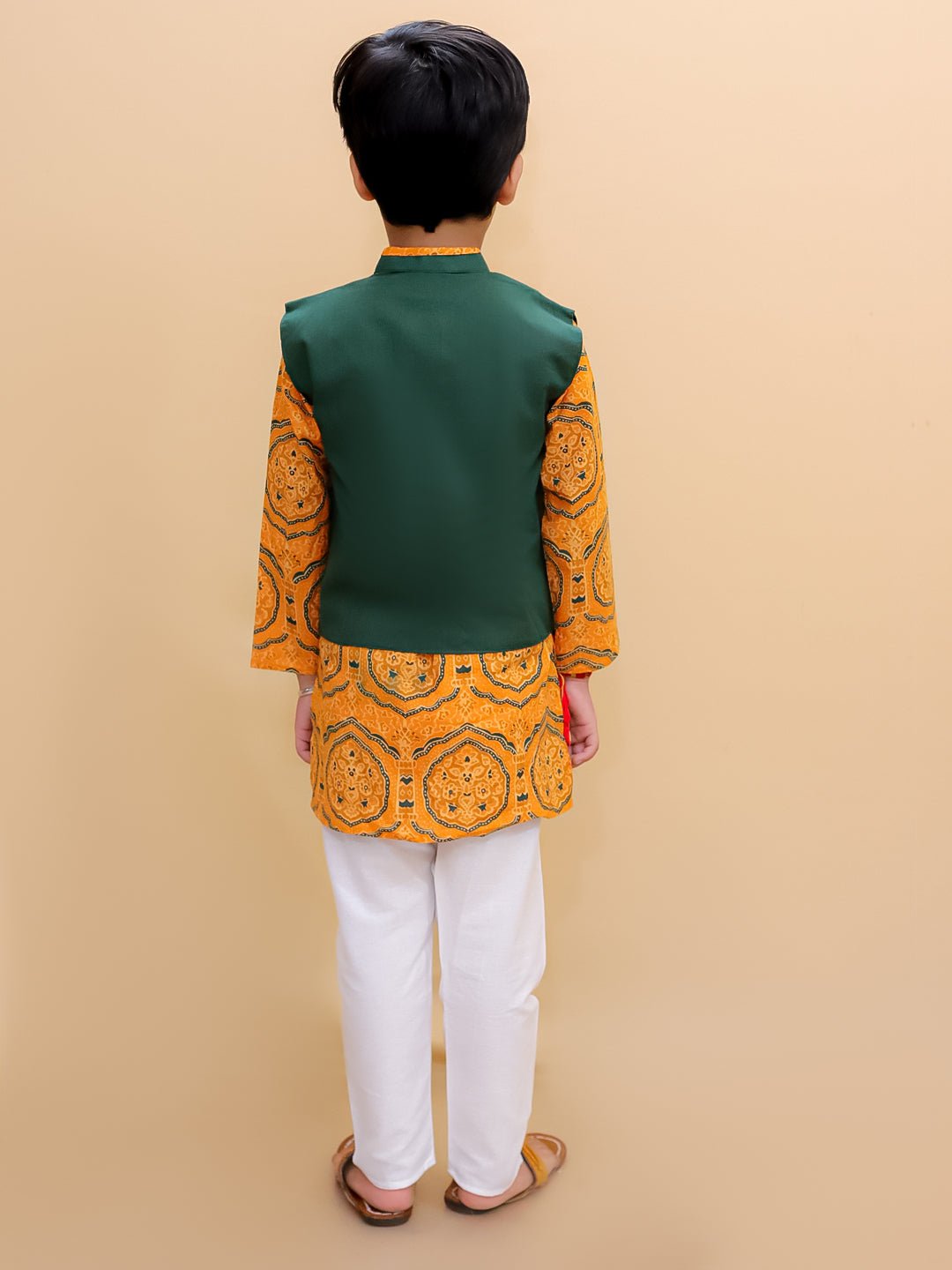 Ethnic Set-Marigold Mosaic Girls Anarkali Sharara Set with Boys Jacket And Kurta Pajama Set