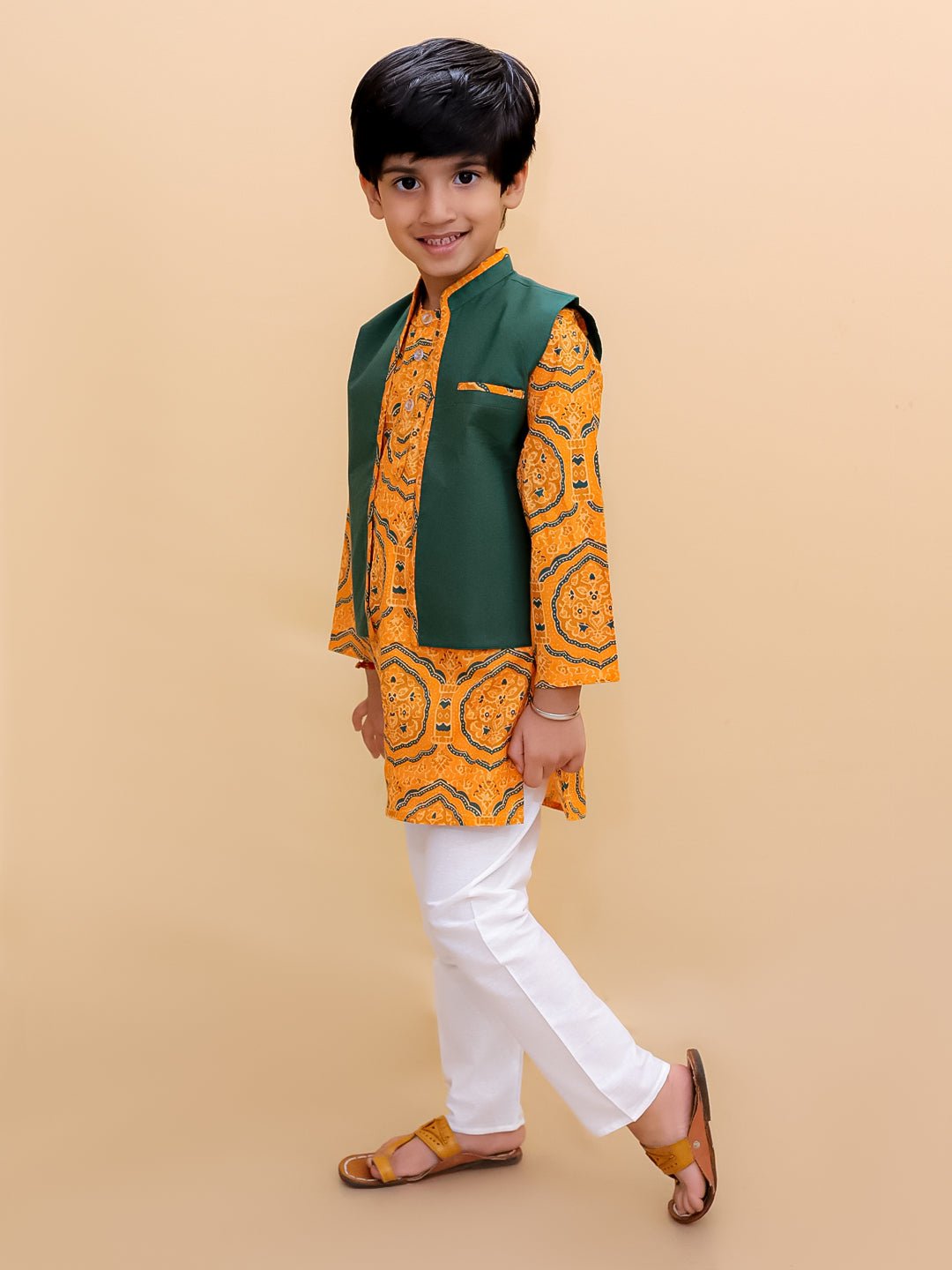 Ethnic Set-Marigold Mosaic Girls Anarkali Sharara Set with Boys Jacket And Kurta Pajama Set