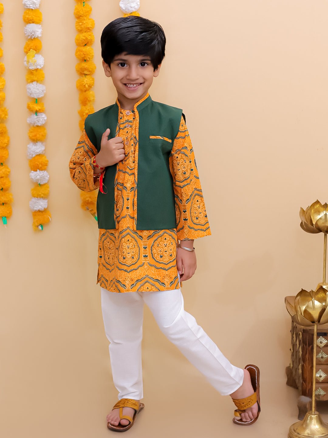 Ethnic Set-Marigold Mosaic Girls Anarkali Sharara Set with Boys Jacket And Kurta Pajama Set