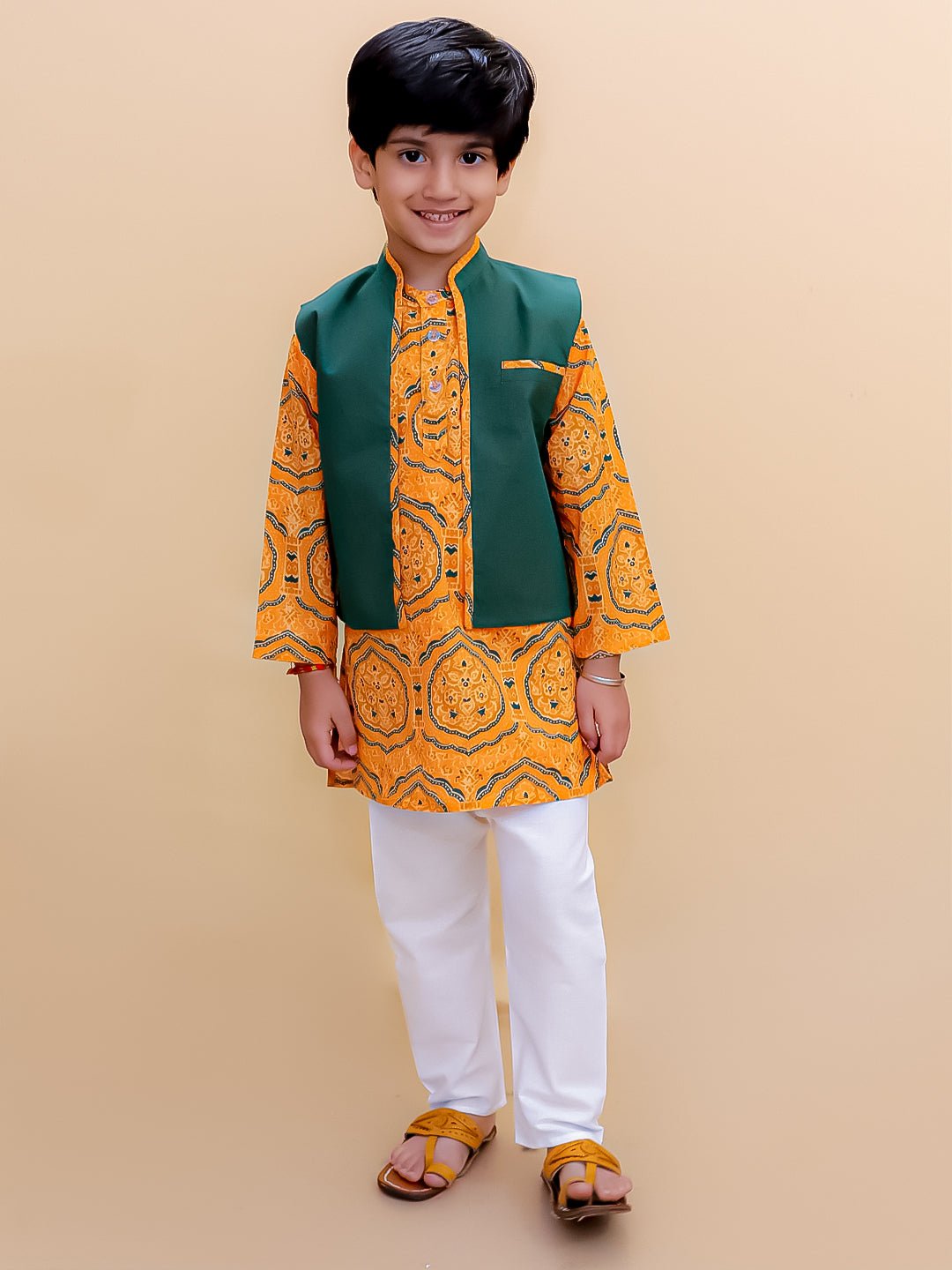 Marigold Mosaic Boys Floral Print Jacket And Kurta Pajama Set - KES - SC - MRIM - 0 - 6