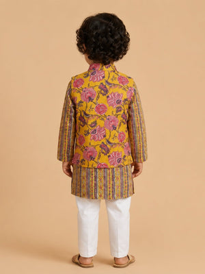 Marigold Petals Boys Floral Print Jacket And Kurta Pajama Set - 0-6 Months Boys Ethnic Set