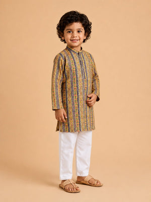 Marigold Petals Boys Floral Print Jacket And Kurta Pajama Set - 0-6 Months Boys Ethnic Set