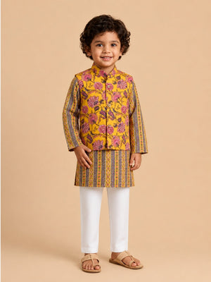 Marigold Petals Boys Floral Print Jacket And Kurta Pajama Set - 0-6 Months Boys Ethnic Set