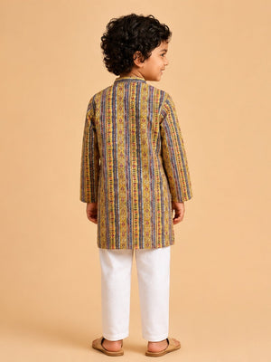 Marigold Petals Boys Floral Print Jacket And Kurta Pajama Set - 0-6 Months Boys Ethnic Set
