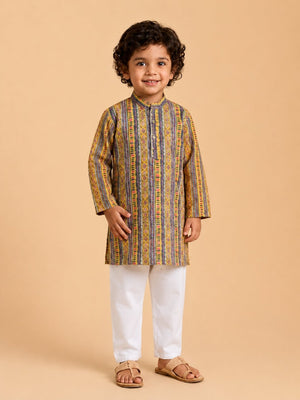 Marigold Petals Boys Floral Print Jacket And Kurta Pajama Set - 0-6 Months Boys Ethnic Set
