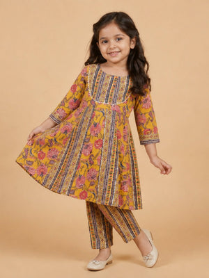 Marigold Petals Girls Floral Print Anarkali Kurta Set - 0-6 Months Girls Ethnic Set
