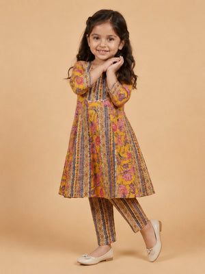Marigold Petals Girls Floral Print Anarkali Kurta Set - 0-6 Months Girls Ethnic Set