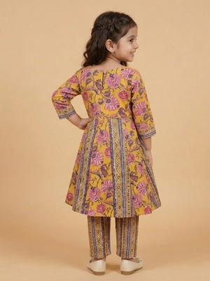 Marigold Petals Girls Floral Print Anarkali Kurta Set - 0-6 Months Girls Ethnic Set
