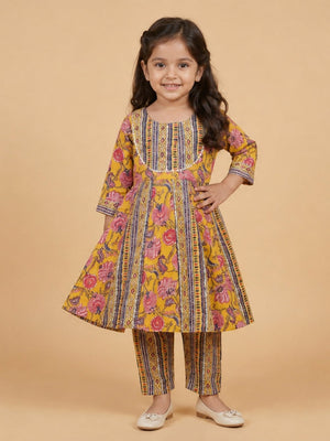 Marigold Petals Girls Floral Print Anarkali Kurta Set - 0-6 Months Girls Ethnic Set