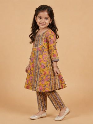 Marigold Petals Girls Floral Print Anarkali Kurta Set - 0-6 Months Girls Ethnic Set