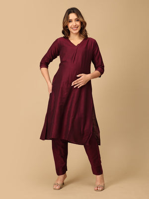 Marilyn Merlot Embroidered Maternity And Nursing Silk Kurta Set - S Maternity Ethnic Set