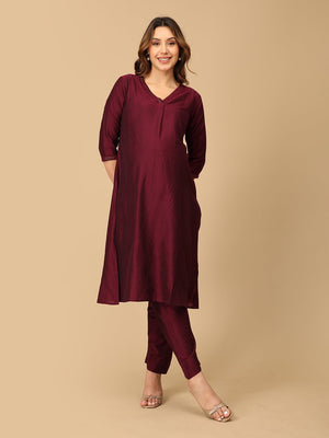 Marilyn Merlot Embroidered Maternity And Nursing Silk Kurta Set - S Maternity Ethnic Set