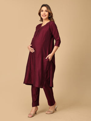 Marilyn Merlot Embroidered Maternity And Nursing Silk Kurta Set - S Maternity Ethnic Set