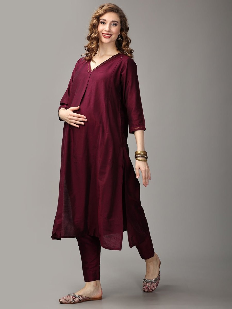 Marilyn Merlot Embroidered Maternity And Nursing Silk Kurta Set With Dupatta