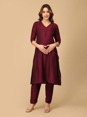 Marilyn Merlot Embroidered Maternity And Nursing Silk Kurta Set - S Maternity Ethnic Set
