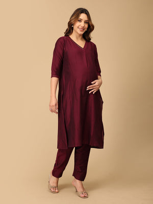 Marilyn Merlot Embroidered Maternity And Nursing Silk Kurta Set - S Maternity Ethnic Set
