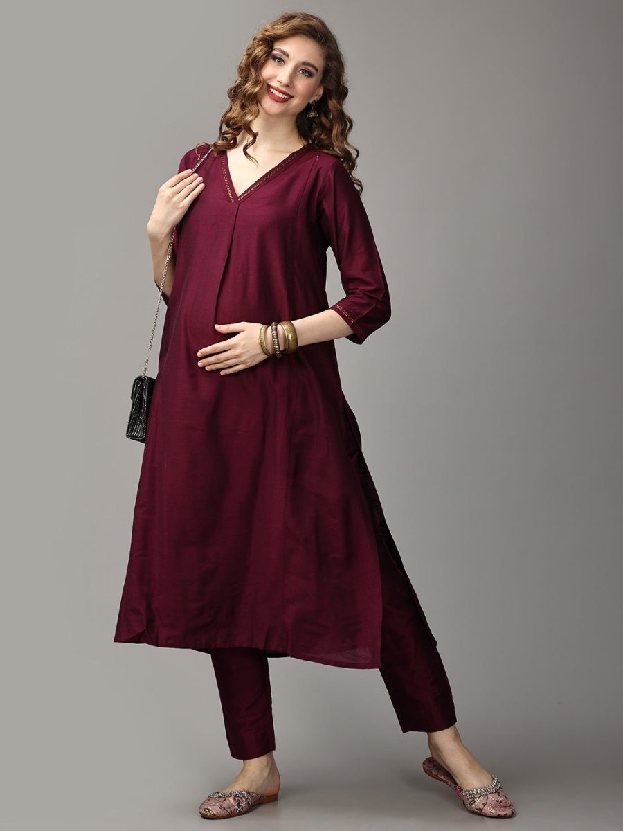 Marilyn Merlot Embroidered Maternity And Nursing Silk Kurta Set With Dupatta