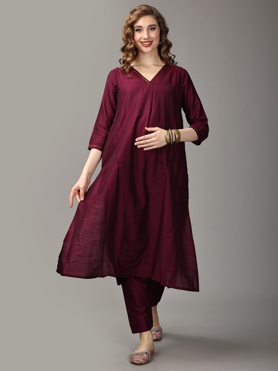 Marilyn Merlot Embroidered Maternity And Nursing Silk Kurta Set With Dupatta