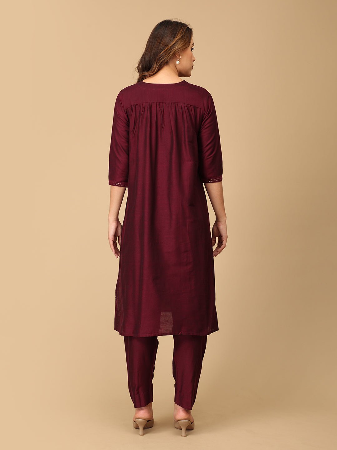 Marilyn Merlot Embroidered Maternity And Nursing Silk Kurta Set - S Maternity Ethnic Set