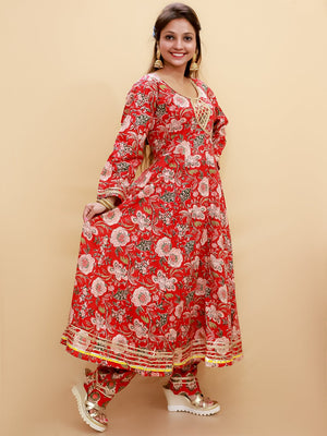 Maroon Block Print Anarkali Kurta Set - WES - SC - MRBLO - S