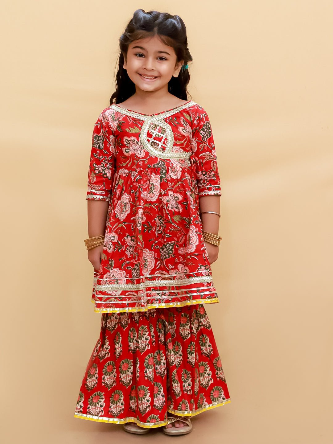 Maroon Block Print Girls Anarkali Sharara Set - KES - SC - MRBLG - 0 - 6